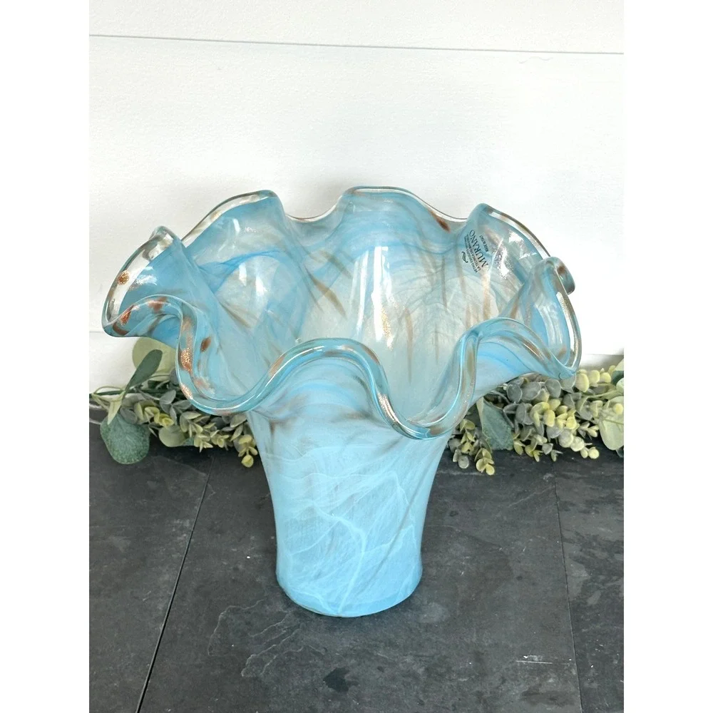 Blue Murano Art Blown Glass Vase Handkerchief Italian white Gold Swirl 11 x 14